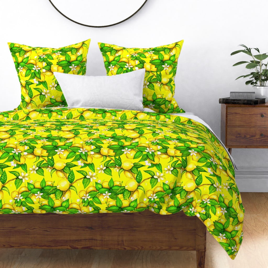 Lemon Citrus Fruit Pattern Floral Tree Yellow Sateen Duvet Cover by
