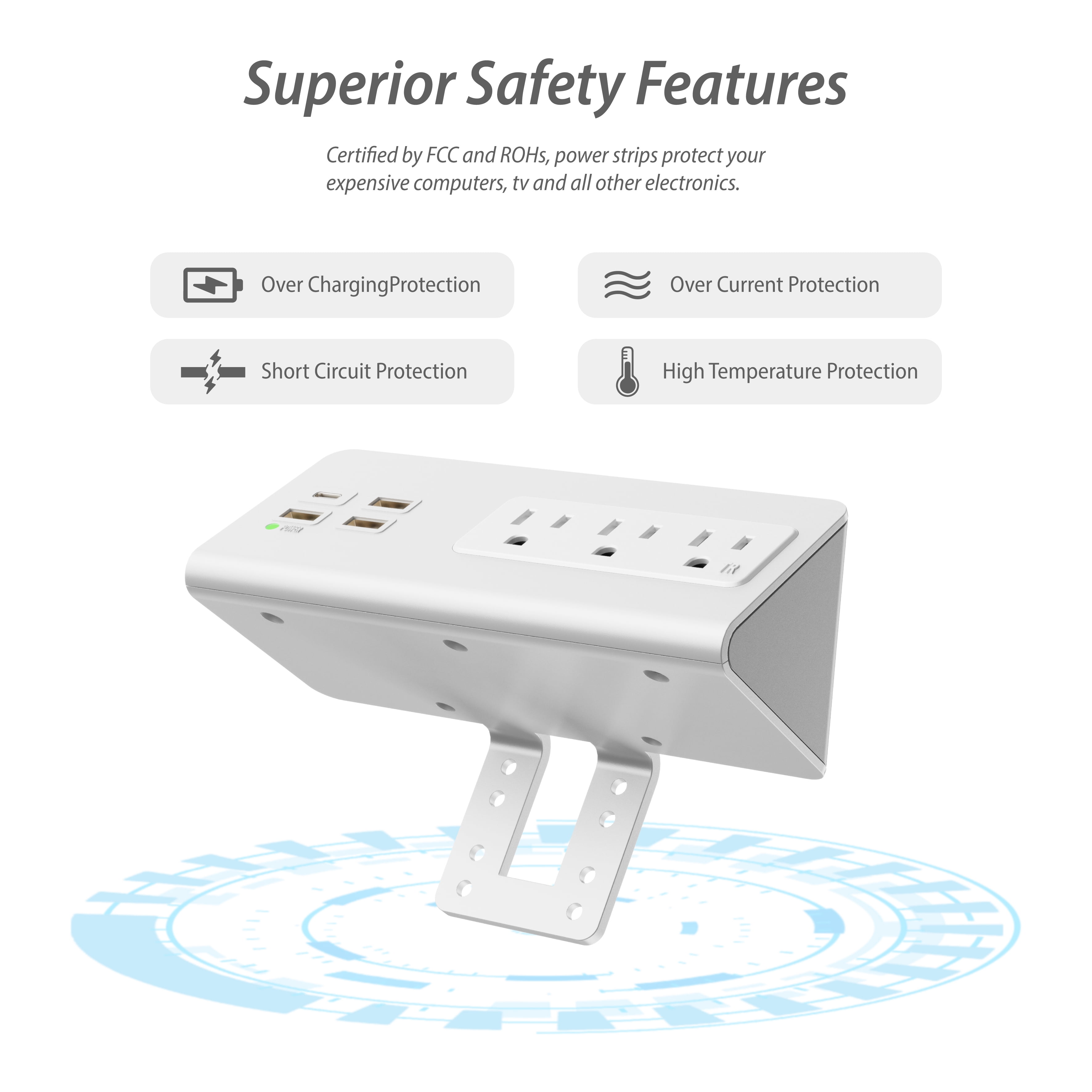 2-Pack Desk Edge Clamp Mount Power Strips with USB Ports, 3*AC Outlets Power Strips for Nightstand, PD 20W USB-C Port Charging Station with 6Ft Extension Cord,White
