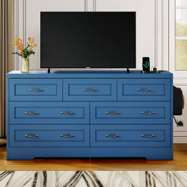 Dextrus 7 Drawer Dresser with Handles & Power Outlets, Wood Storage Cabinet  Chest of Drawers, Blue