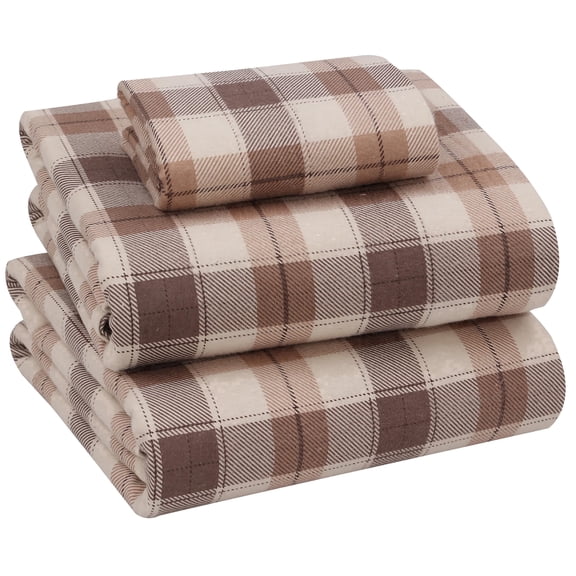 RUVANTI Flannel Sheets Twin Xl Size - 100% Cotton Double Brushed Twin XL Sheets Set, Deep Pockets 16 Inches, All Seasons Breathable & Extra Soft Bed Sheets, Warm & Cozy, 3 Piece, Beige & Grey Plaid