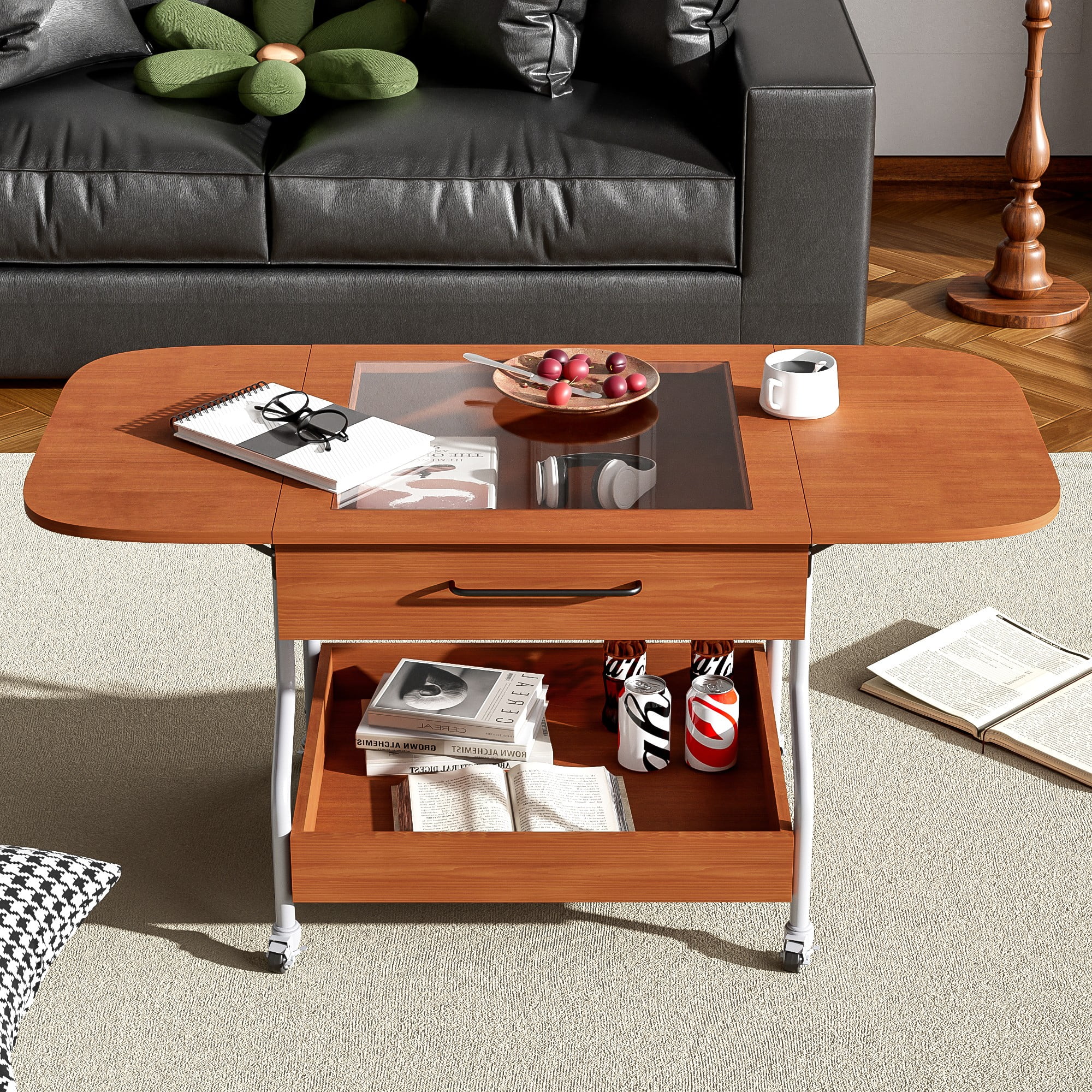 Aukfa Extended Coffee Table with Drawer and Wheels, 2-Tier Central Table Converts to Dining Table for Living Room