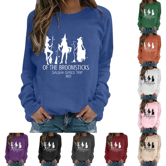 YVNAURA Women's Oversized Halloween Vintage Witch Sweatshirt Graphic Pullover Salem Witch Trials Crewneck Long Sleeve Casual Fall Spooky Season Top Witchy Gift 1 Pack, Blue,L