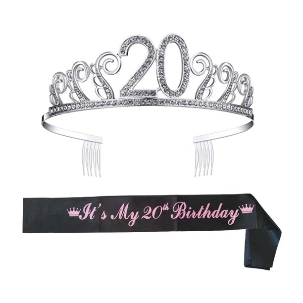 GOOHOCHY 1 juego de peineta para el cabello con corona de diamantes de imitación número 20 y faja con estampado de letras, decoración para la cabeza, tiara, accesorio para la cabeza, decoración de