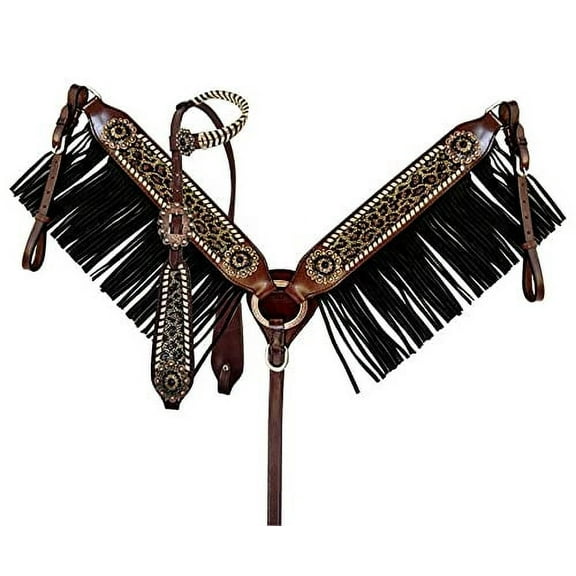 Showman Leather Headstall & Breast Collar Set w/ Cheetah Print & Fringe