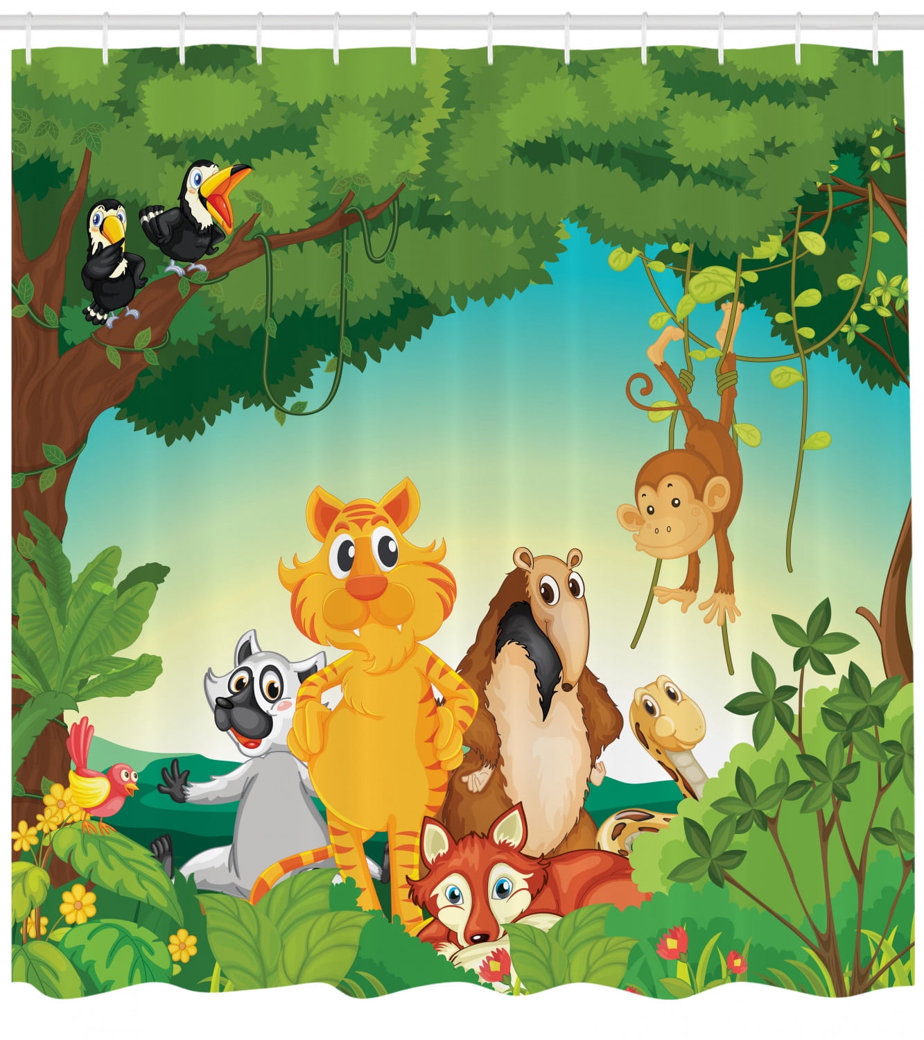 Zoo Shower Curtain, Forest Scene with Different Animals Habitat Jungle