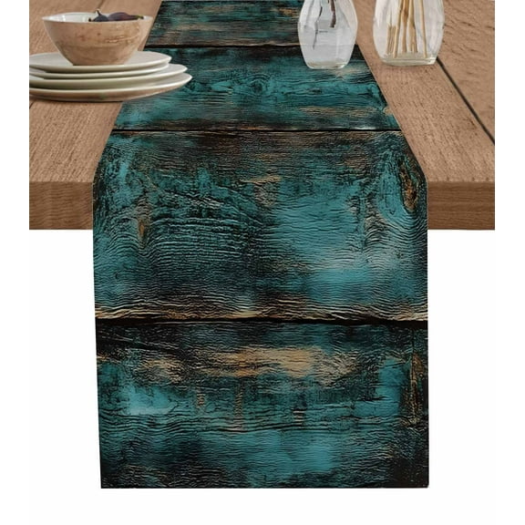 Boanket Teal Brown Plank Prints Table Runner - 70 Inch Long, Kitchen Dining Table Runner Dresser Scarves, Farmhouse Vintage Wooden Grain Farmhouse Decor for Coffee Tables Wedding Party Banquet