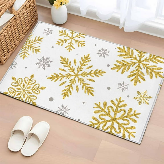 Christmas Bathroom Rug Washable 2x3 Entryway Rug Non Slip Winter Xmas Yellow Snowflakes Textured Front Door Mat Low Pile Indoor Doormat Throw Floor Carpet for Kitchen Bedroom Entrance