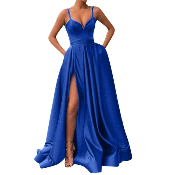 Women's Elegant Satin V Neck Slit Party Dress Backless Strap Formal Casual Summer Dress