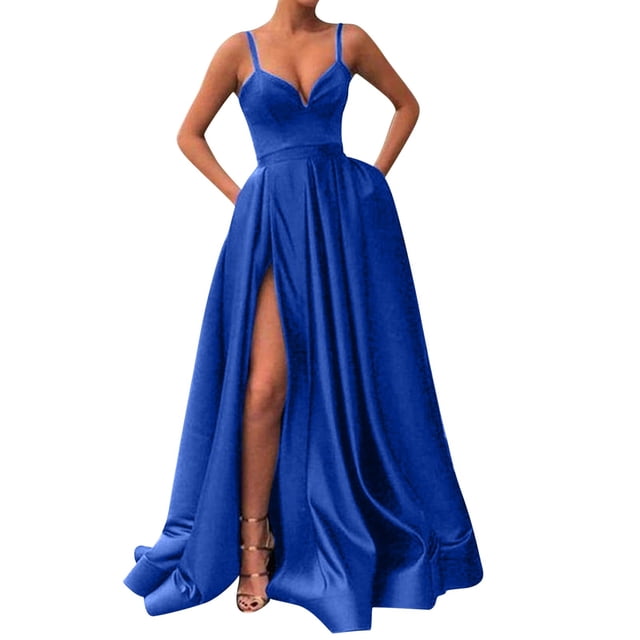 SZXZYGS Robes d'Été avec Manches pour Femmes 2024 Vacances Mode Femme Uni Bretelles Col en V Satin Sans Manches Fente Robe Dos Nu Fermeture Éclair Robe de Soirée Robe Formelle 2024