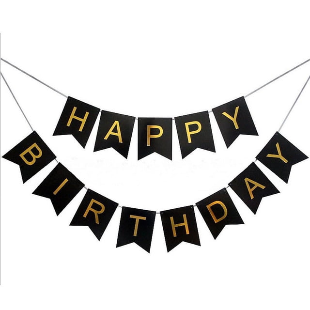 Pancarta de feliz cumpleaños, decoraciones de feliz cumpleaños, banderines de bandera de cumpleaños negros y dorados para decoración de fondo de fiesta de cumpleaños, feliz cumpleaños