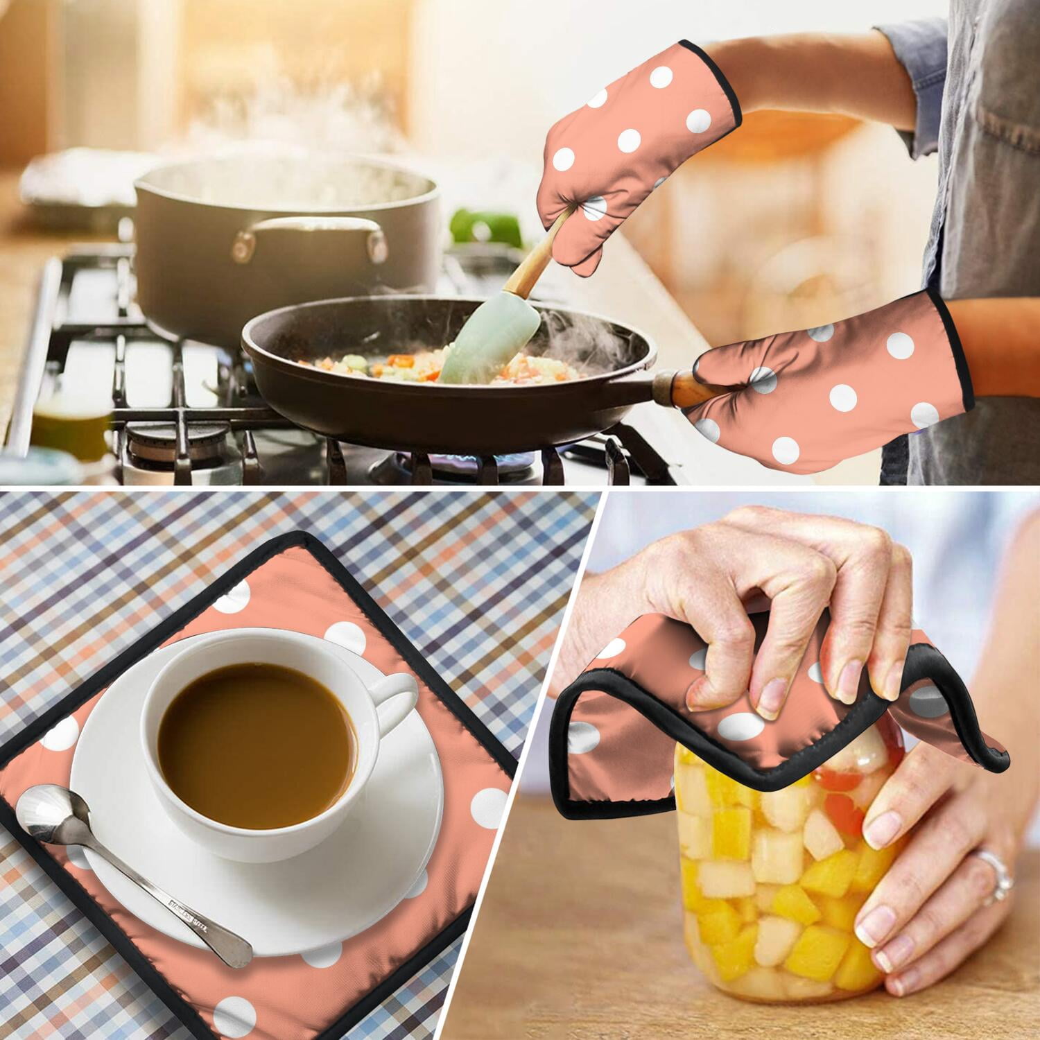 Oven Mitts and Pot Holders Set Of 4, Heat Resistant Kitchen Gloves with Non-Slip Grip, Hanging Loop, Soft Cotton Lining for Baking, Cooking, Grilling, Barbecue