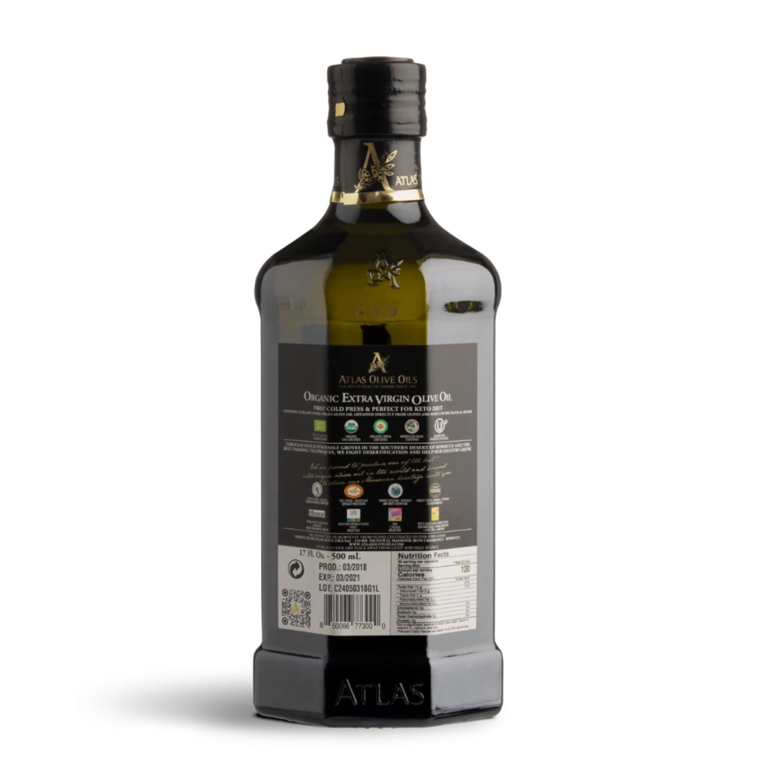 Atlas 500 ml Organic Cold Pressed Moroccan Extra Virgin Olive Oil, Polyphenol Rich From Morocco, Newly Harvested Unprocessed from One Single Family Farm Trusted by Michelin Star Chefs