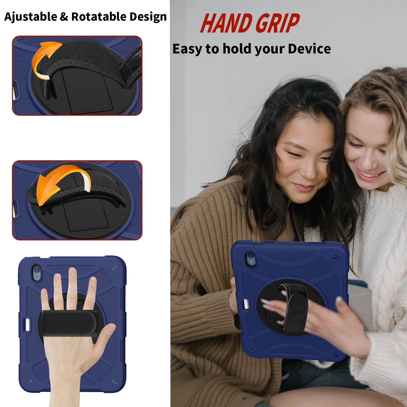 kids Case for iPad (A16) 11th Generation 11 Inch (2025), iPad 10th Generation 10.9 Inch (2022) Case, Military Grade Drop Protection with Hand/Shoulder Strap Rotating Stand Pencil Holder, Darkblue