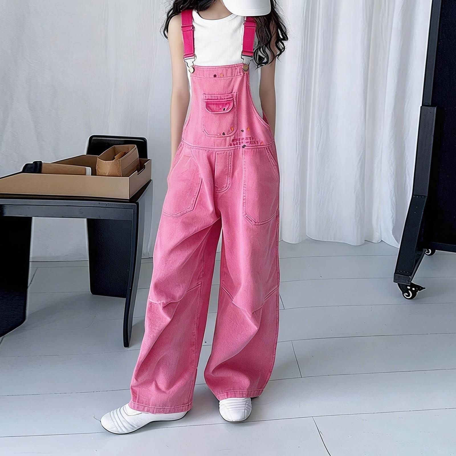 UACY Teen Girls Y2K Denim Overalls Adjustable Strap Aesthetic Preppy Jeans Jumpsuit Fashion School Uniform Bib Overall (Hot Pink, 13-14 Years)