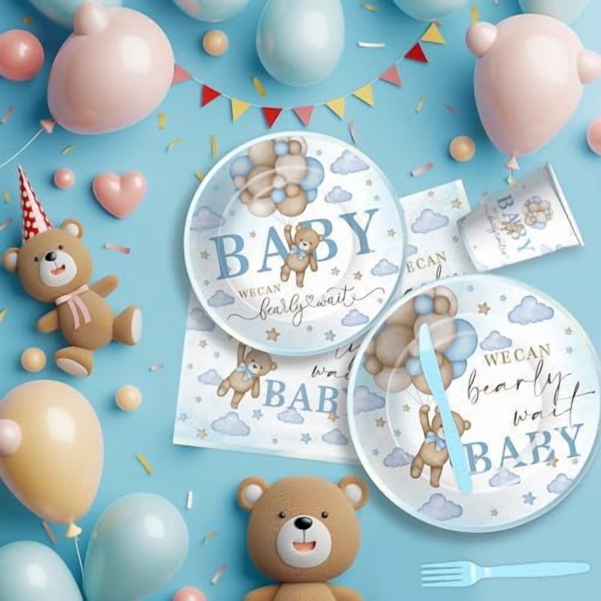 Bear Baby Shower Decorations Boy Tableware - Blue Bear We Can Bearly Wait Baby Shower Decorations Party Supplies, Paper Plate, Napkin, Cup, Cutlery, Tablecloth, 24 Guests$$