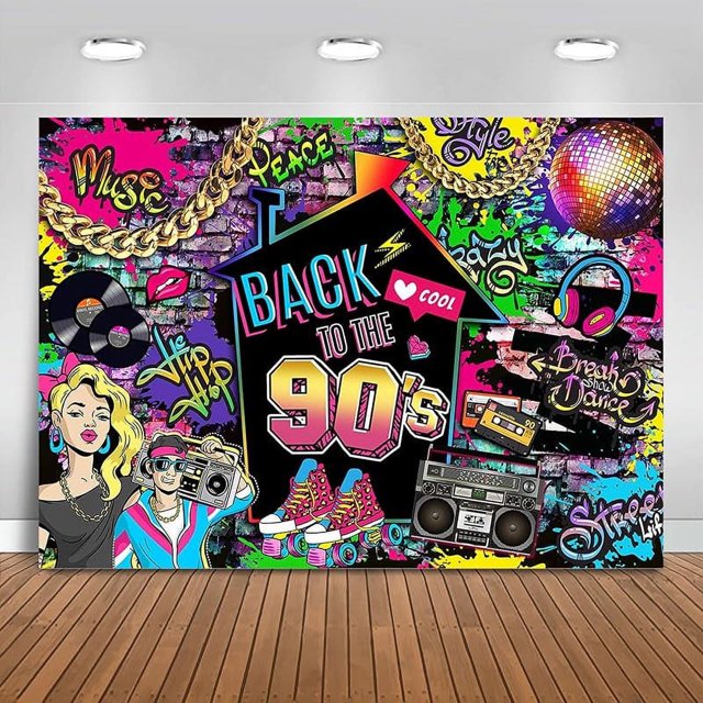 Fondo personalizado de los 90, decoración de fiesta de moda retro de los 90, pancarta de hip hop, grafiti, decoración de pared, fondo de fotografía, accesorios para fotomatón (multicolor, 2,1 x 1,5 m
