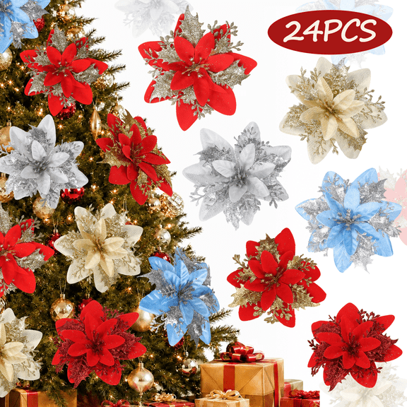 24Pcs Christmas Tree Decorations, 6-Style Glitter Poinsettia Flowers with Clips and Stems for Wreath, Garland and Holiday Decor