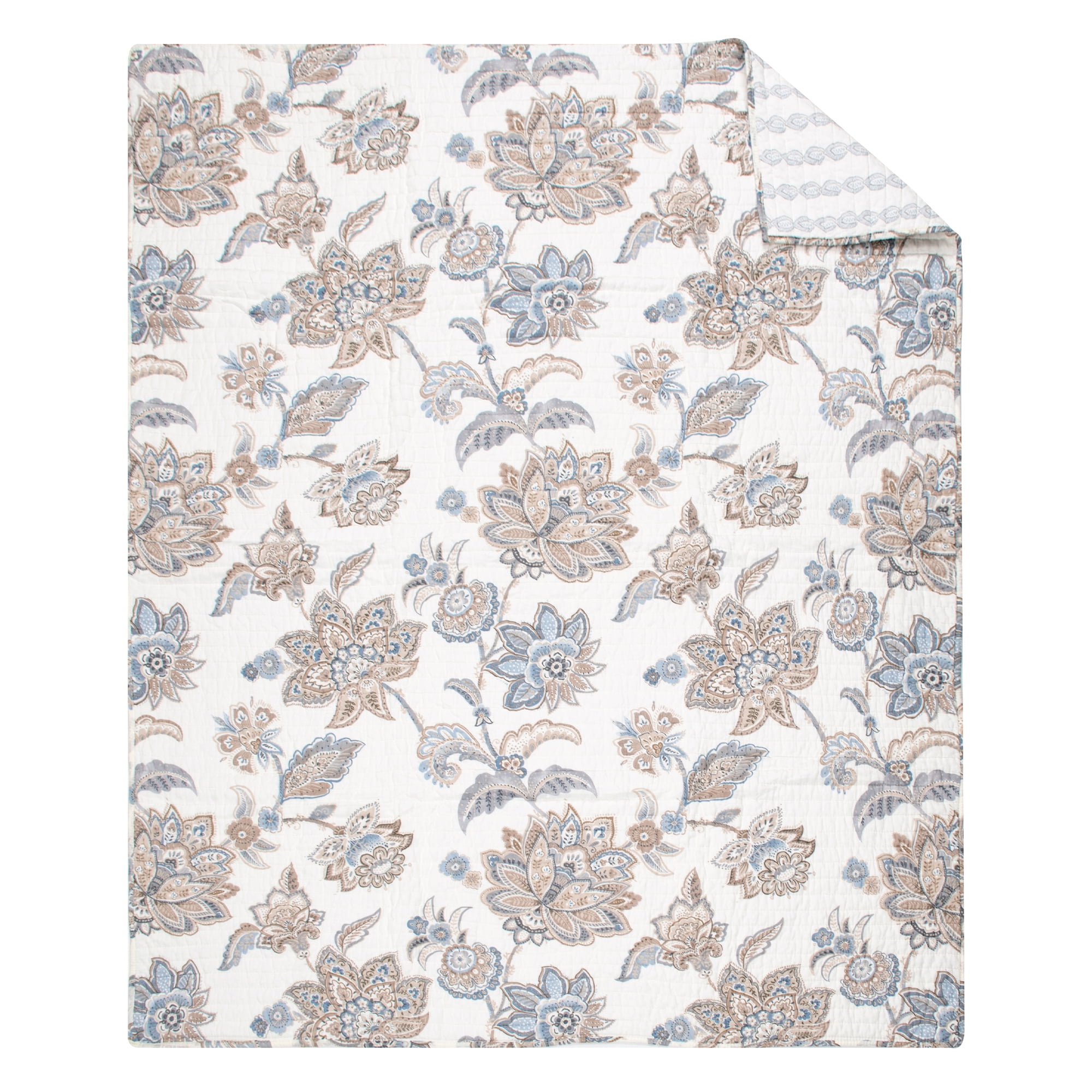 Levtex Home - Selesta Blue - Throw - Floral - Blue Taupe Grey - Quilt (50x60in.) and Sham 50x60in. - Cotton