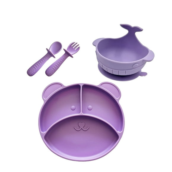 2 Platos Para Bebé Con Divisiones Y Cubiertos En Silicona, Diseño de Oso y Ballena (Morado)