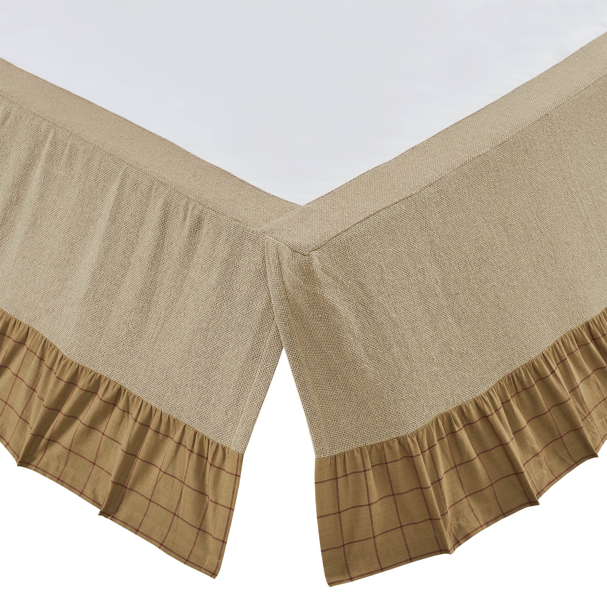 VHC Brands Connell Rustic Farmhouse Burlap Windowpane Plaid Ruffled Queen Bed Skirt Burgundy Tan 68x80x16
