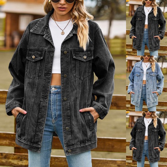 CFLVAEK Oversized Denim Jacket Women Loose Fitted Button Down Jean Jackets Casual Lapel Fall Coat Long Sleeve Going Out Outwear with Pockets Blue S