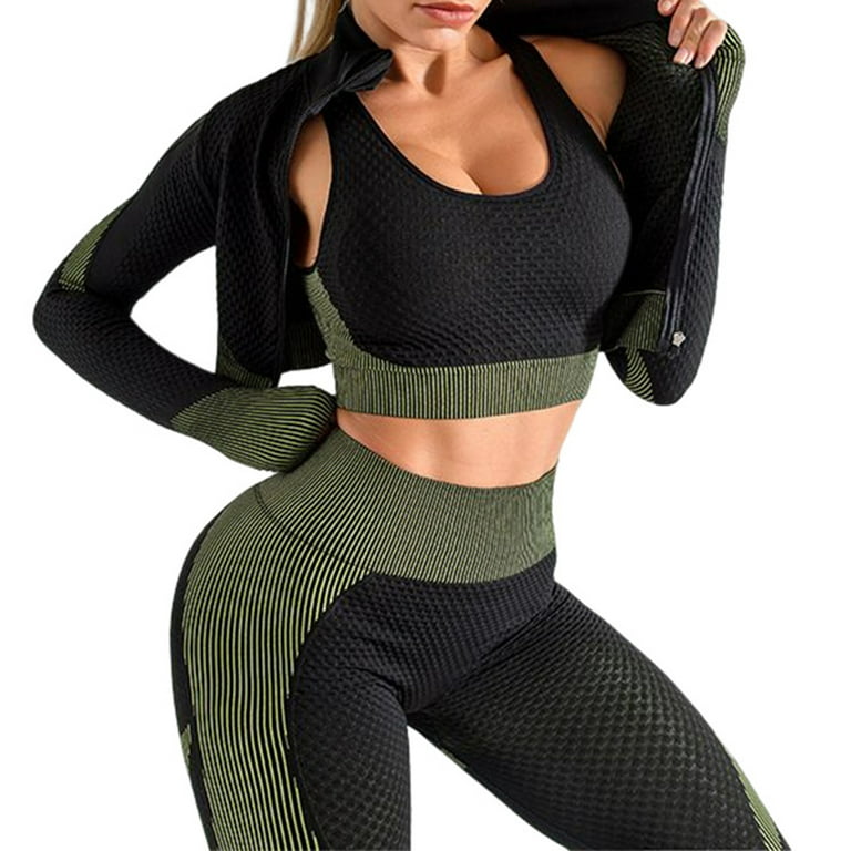 3pcs Sports Jacket Set Long Sleeve Sports Suit Workout Outfits for Women L  Army Green