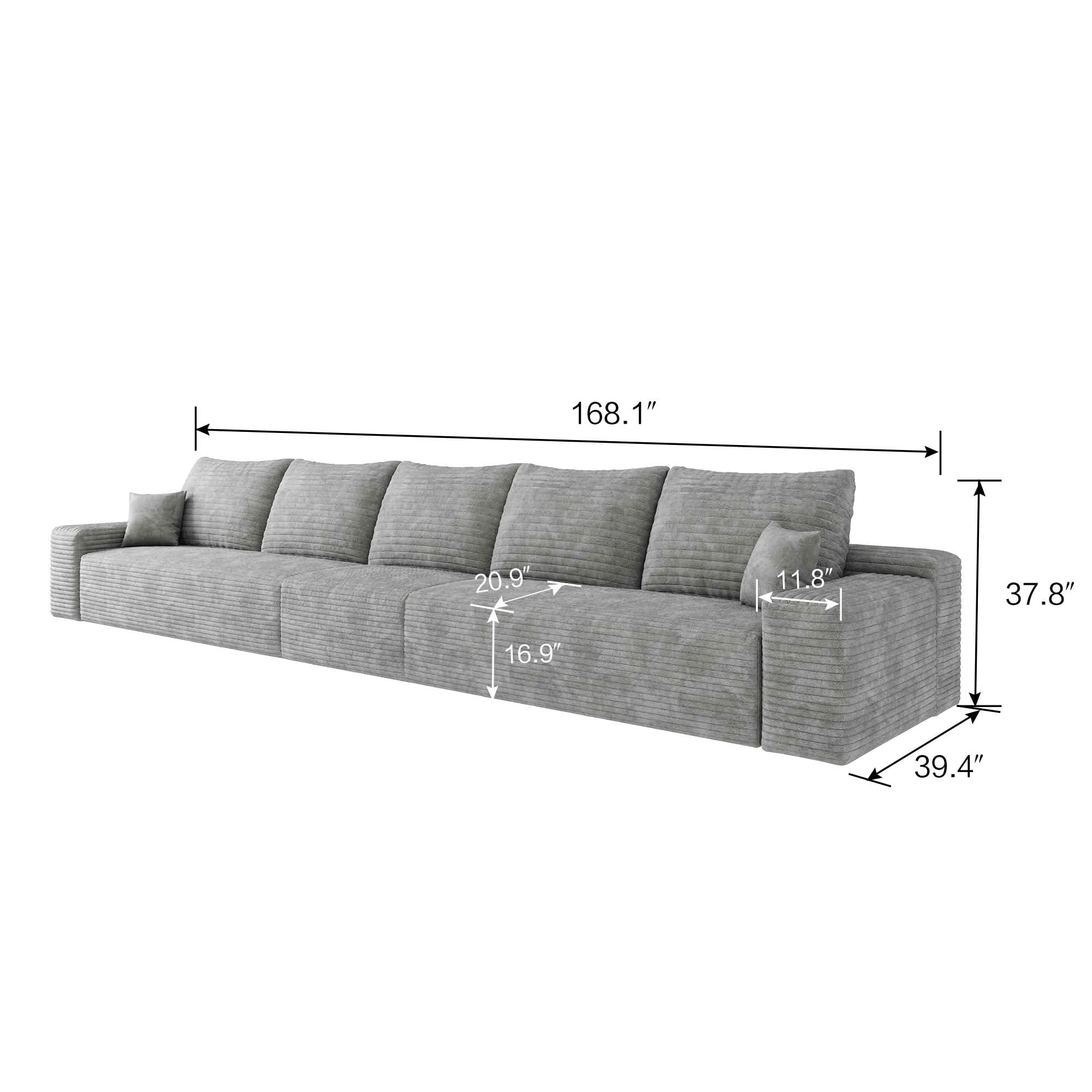 MAYEERTY 168" Cloud Sectional Couch, Deep Seat Modular Sofa, Plush Corduroy Fabric, No Assembly Required, Gray