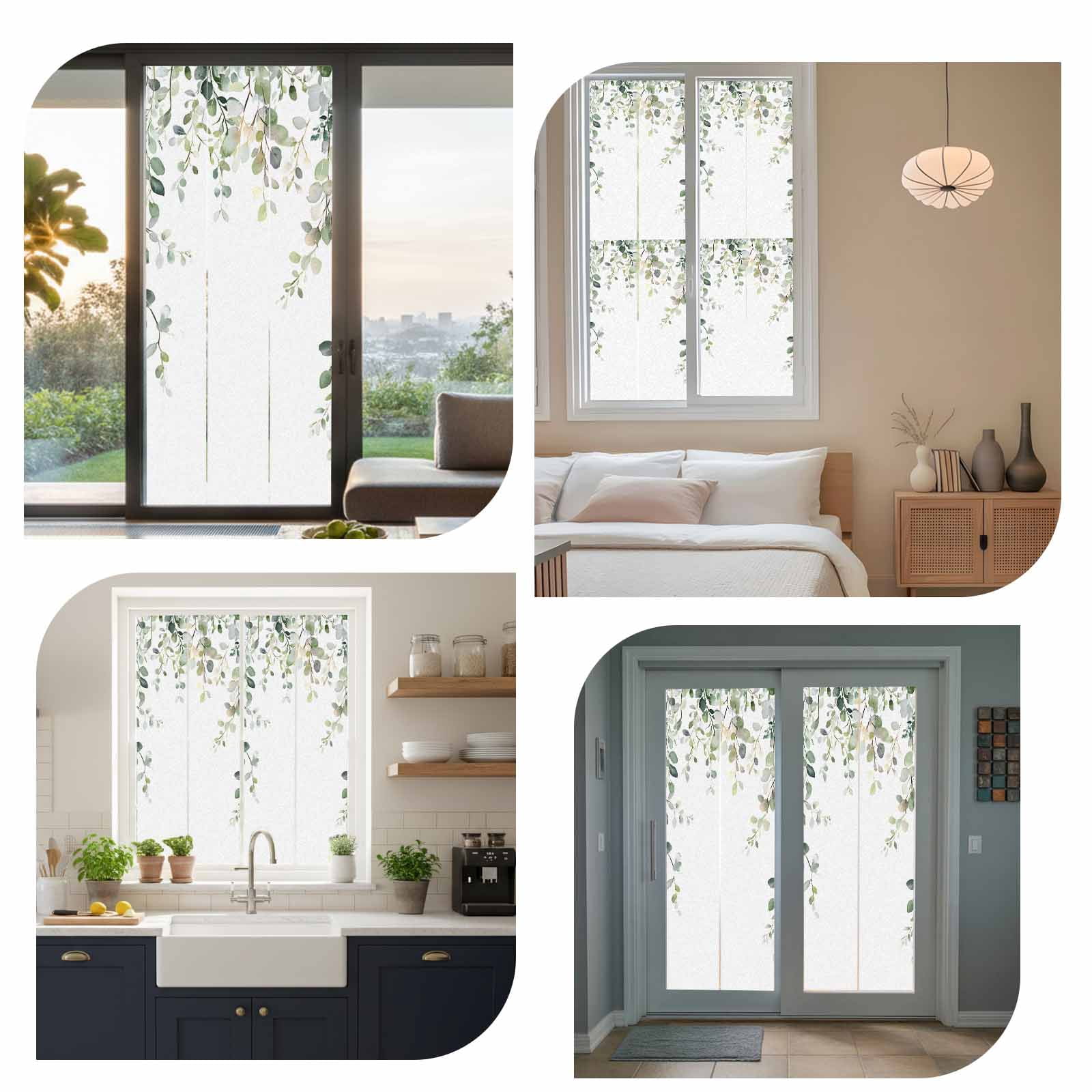 Removable Glass Window Covering, Eucalyptus Leaves Window Privacy Film Frosted, Pastoral Farmhouse Spring Botanical Decorative Privacy Windows Film for Bedroom, Living Room, 19.6 x 39.3 Inches
