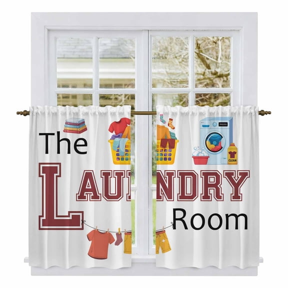 Laundry Room Tier Curtains, Cartoon Washday Washing Machine Clothes Light Filtering Kitchen Curtains, 2Pcs Rod Pocket Half Window Treatments Panels for Sink Cafe Cabinet Basement 27.5x45 Inches