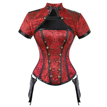 FAKKDUK Corsets for Women Renaissance Lace Corset High Neck Corset Top with Sleeves Women Corsets Overbust Corset Bustier Lingerie Top Gothic Shapewear Sexy Underwear  Red&XL