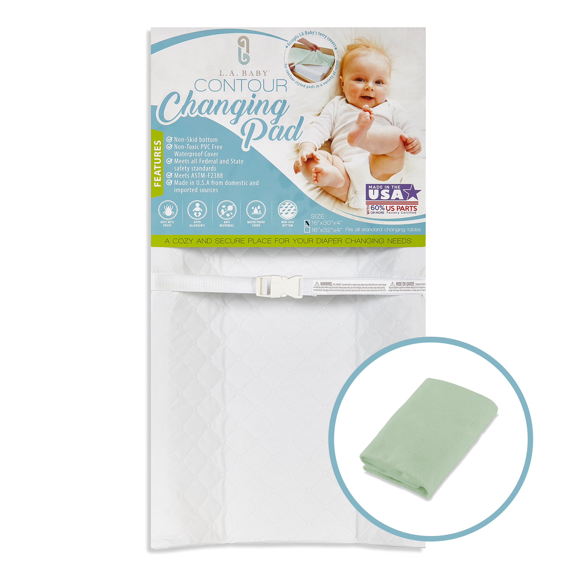 LA Baby Combo Pack with 32’’ Contour Waterproof Changing Pad and Mint Terry Cover
