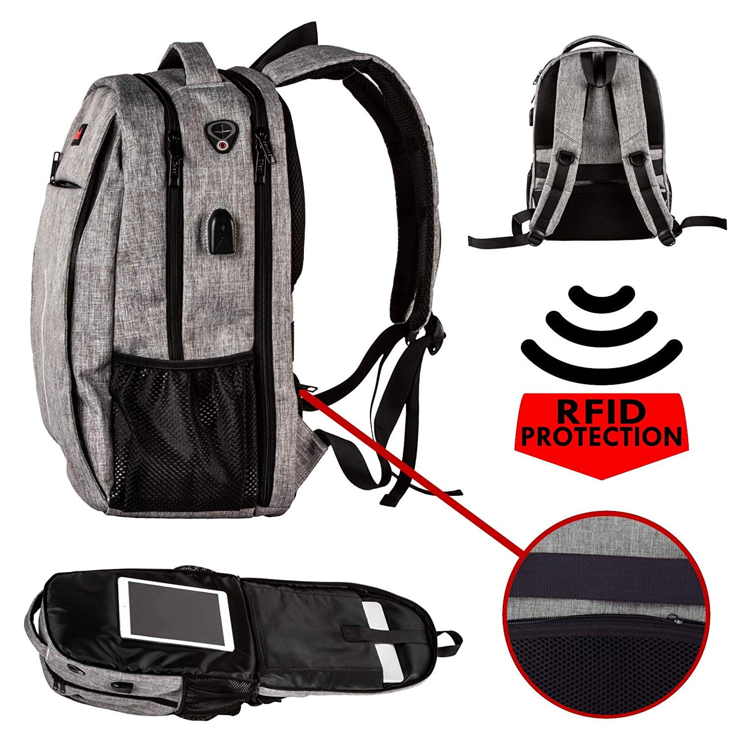 OPACK Large Padded Backpack for Adults, Anti-Theft RFID, USB Port, Suitable for 17" Laptop
