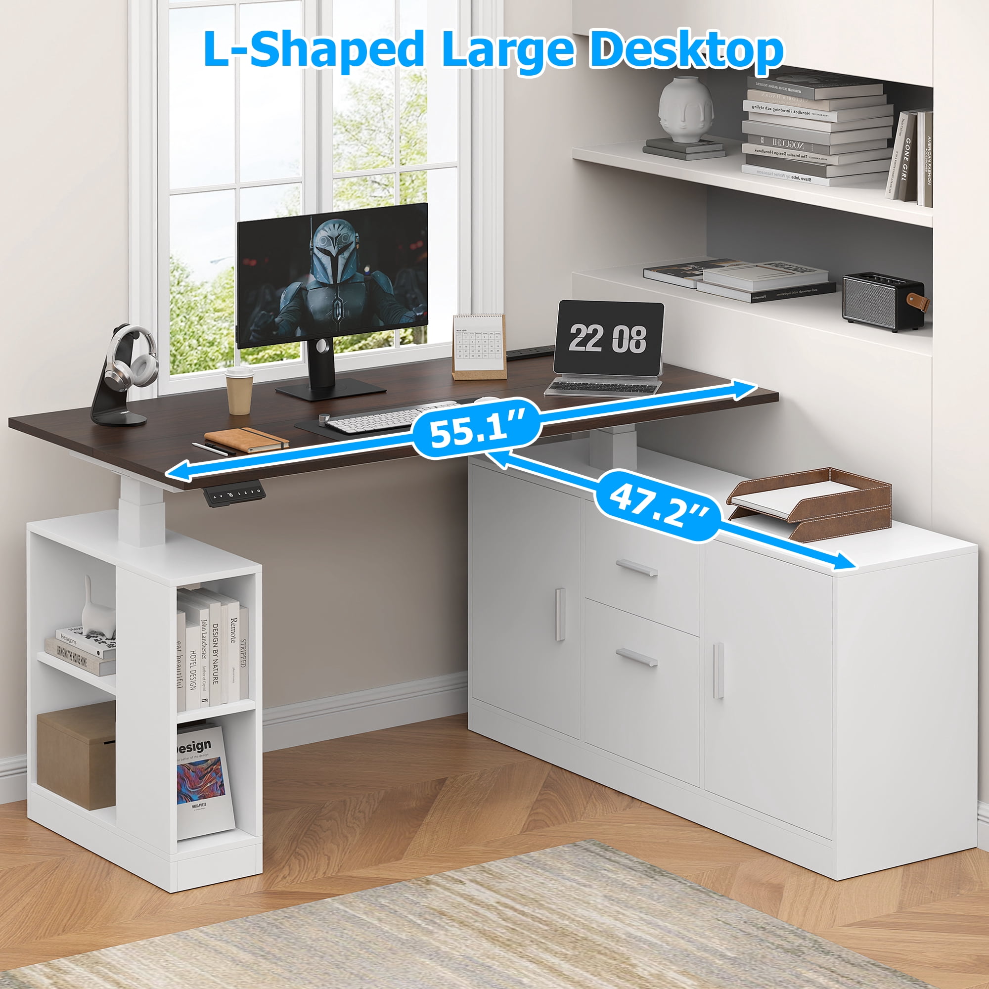 Frmobepts L-Shaped Executive Standing Desk with File Cabinet, 55" x 23.6" Electric Height Adjustable Stand up Desk, One-Whole Piece Desktop, Home Office Modern Computer Desk with 3 Memory Presets