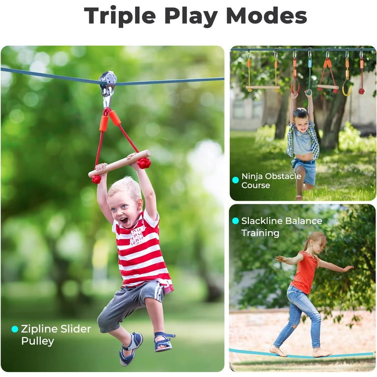 2X50ft Ninja Warrior Obstacle Course for Kids with Pulley Ninja Warrior Slackline Kit with Accessories Monkey Bars Gym Rings Climbing Ladder