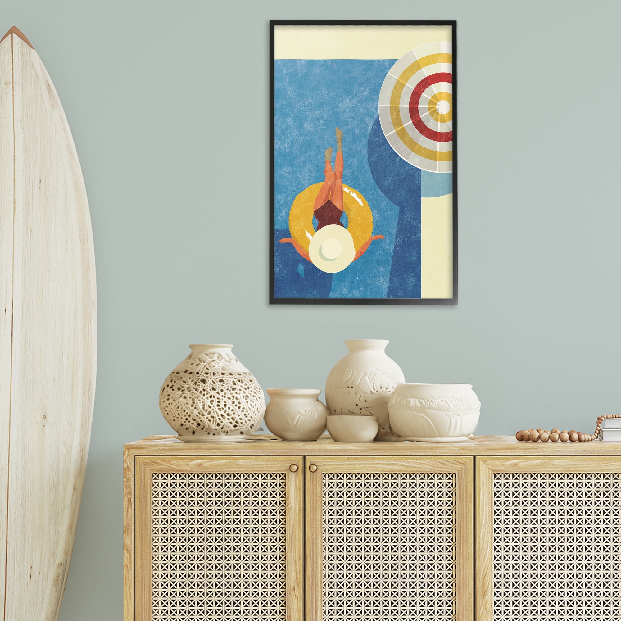 Stupell Industries Relaxing on Pool Float Novelty Painting Black Framed Art Print Wall Art, 20 x 30