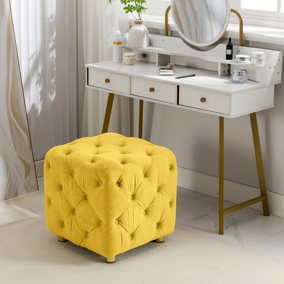 Dasun Yellow Modern Velvet Upholstered Ottoman, Exquisite Small End Table, Soft Foot Stool,Dressing Makeup Chair, Comfortable Seat for Living Room, Bedroom, Entrance