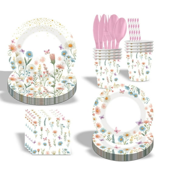 80 Pcs Wildflower Paper Plates,Knife and Fork,Cups and Napkins Party Supplies Wildflower Party Decorations Floral Wildflower Disposable Plates Set for Summer Spring Birthday Baby Shower Wedding