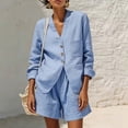 thumbnail image 6 of LEKWK Linen Sets for Women 2 Piece Long Sleeve V Neck Button Down Tops and High Waisted Shorts with Pockets Summer Solid Casual Travel Vacation Sets, 6 of 7