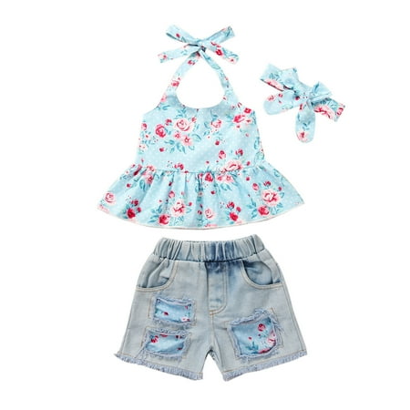 

Toddler Kids Baby Girls Floral Tops+ Ripped Jeans Short Pants +Hairband Sets Clothes Outwear For 12-24 Months