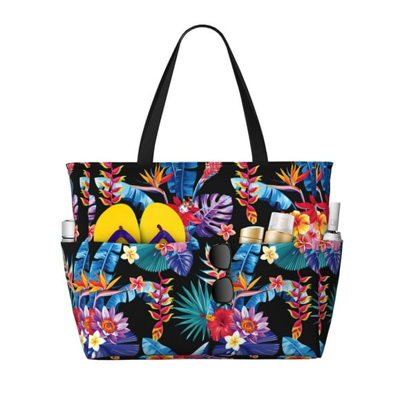 Pofeuu Tropical Palm Leaves Print Beach Bag,Waterproof Sandproof Beach Tote Bag, Large Capacity Foldable Beach Bags for Women
