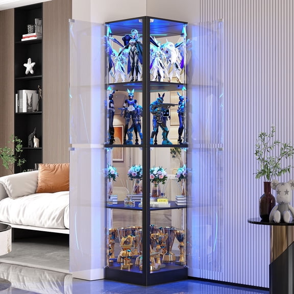 Kasibie 68.9" Glass Display Cabinet with Dimmable LED,Collectibles Bookcase,4 Tier Showcase Shelf with Glass for Living Room, Bedroom, Office, Black
