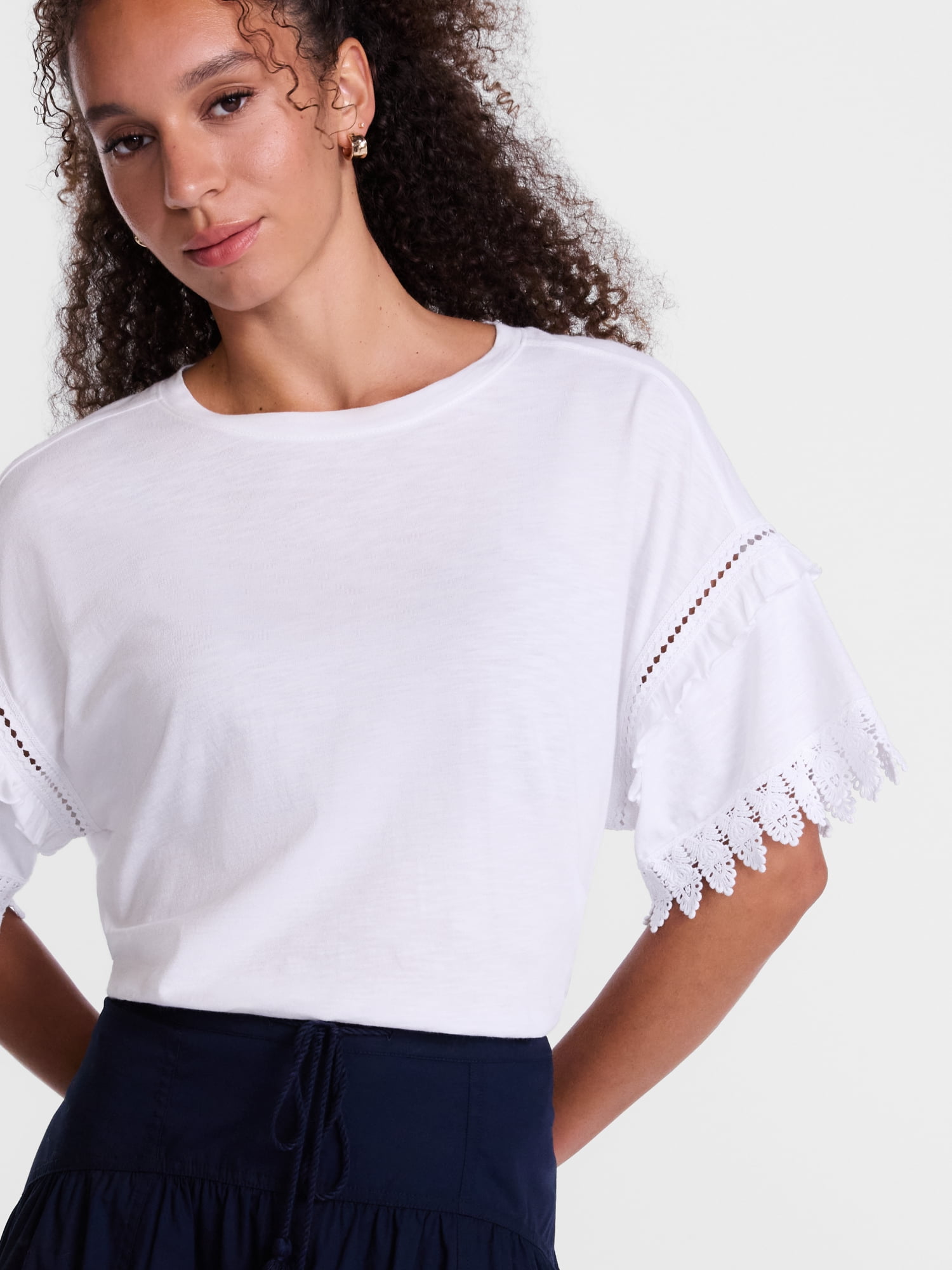 Scenario Women's Lace Trim Tee with Short Sleeves, Size XS-XXXL