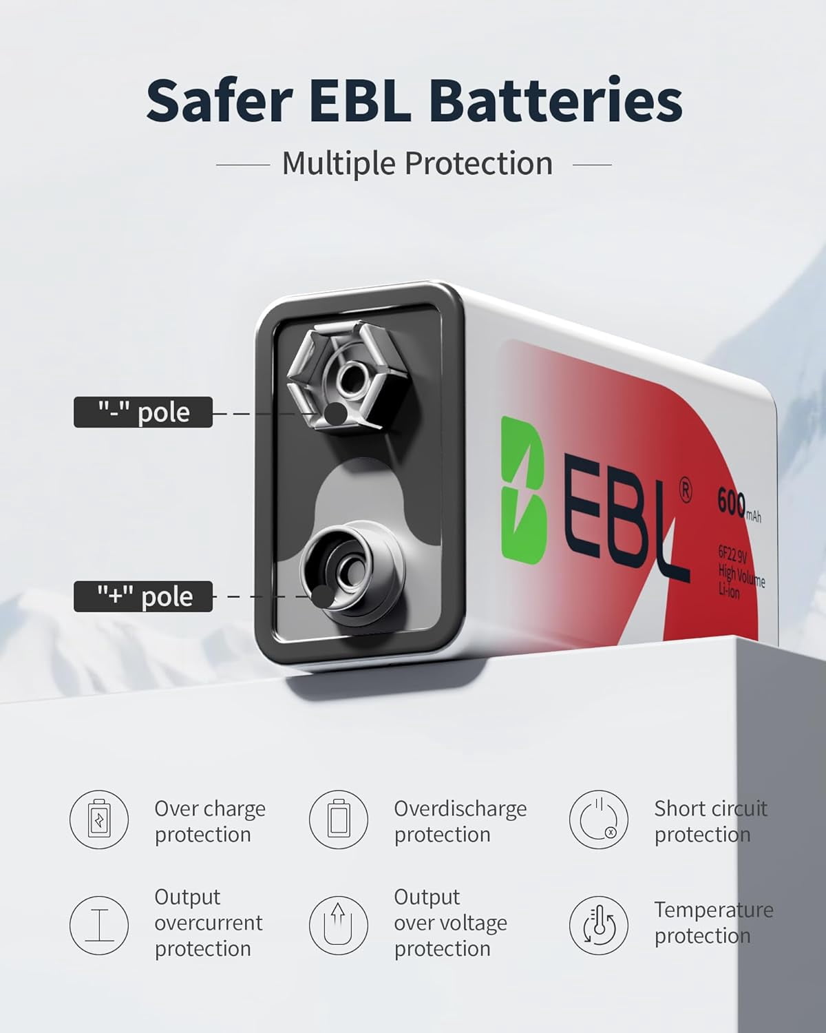 9V Li-ion Rechargeable Batteries with Battery Charger, 600mAh 9 Volt Cell 2 Pack