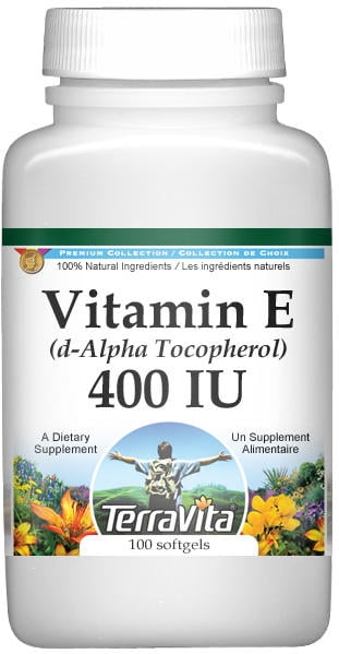 TerraVita Vitamin E (d-Alpha Tocopherol) - 400 IU, (100 softgels, 1-Pack, Zin: 428181)