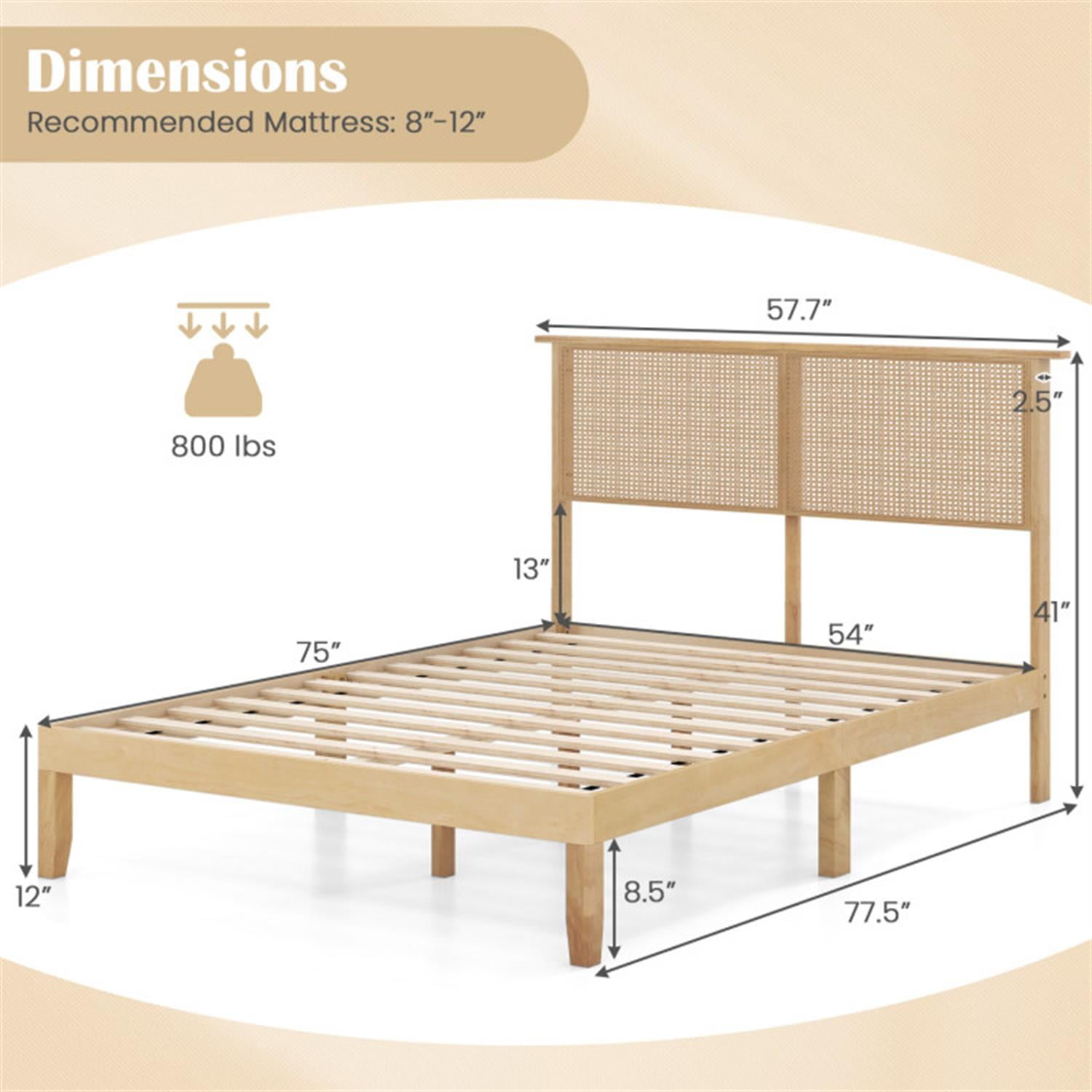 Demi Bonn Full Size Bed Frame with Rattan Headboard, Platform Bed Frame with 12 Strong Wood Slat Support, No Box Spring Needed, Beige