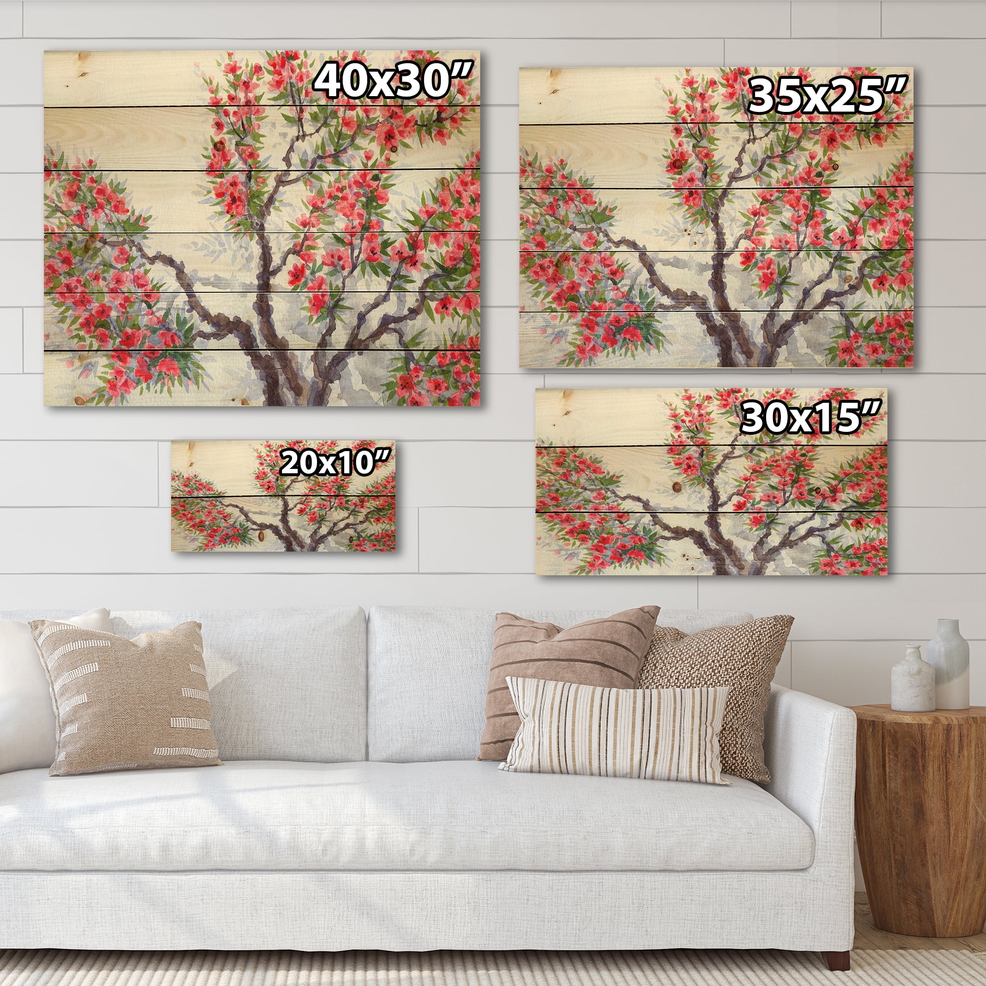 Designart 'Abstract Red Flowers of Spring Tree' Traditional Print on Natural Pine Wood