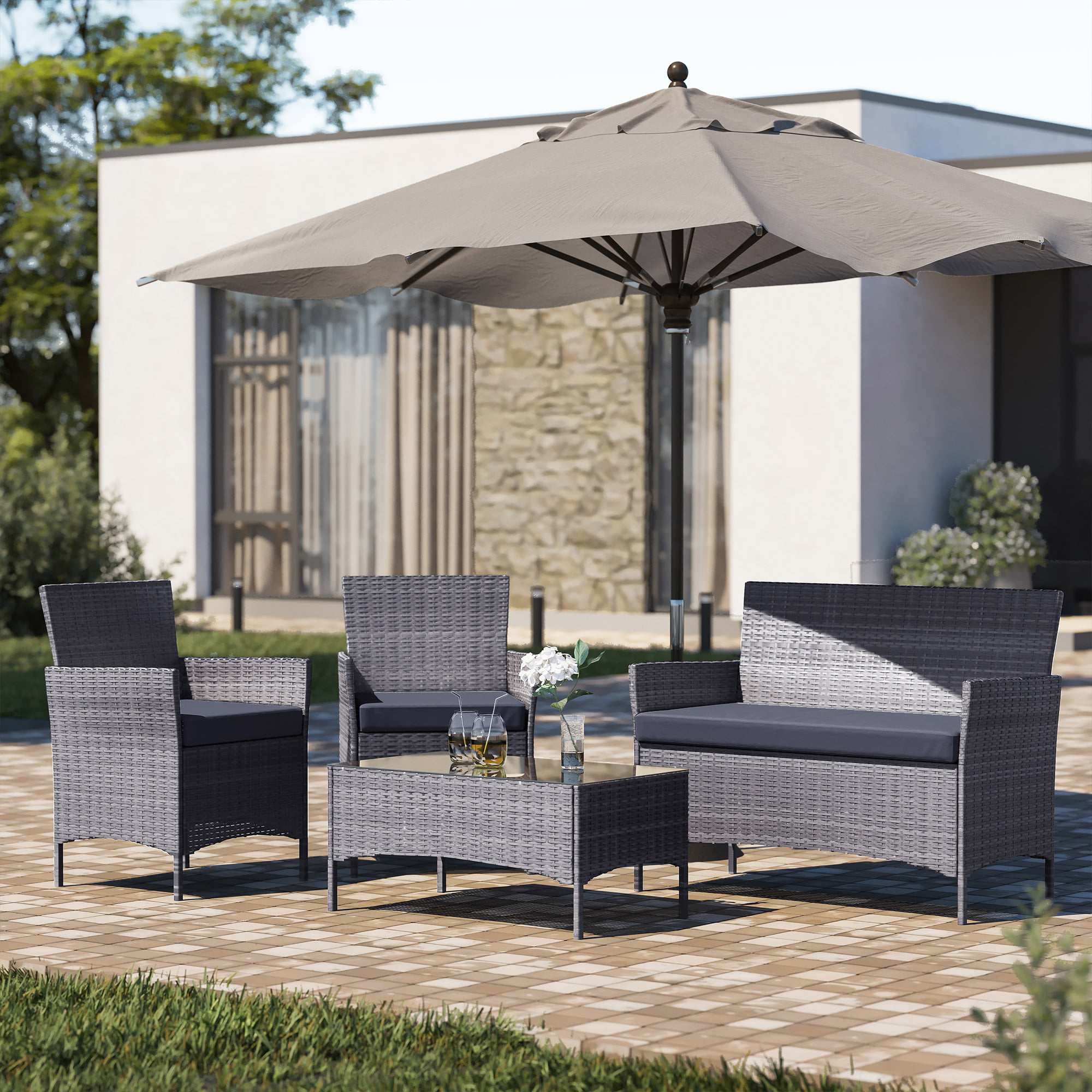 BELLEZE 4 PC Furniture Outdoor Set 4 Piece Rattan Outdoor Patio Set One Glass Table One Sofa Two Chairs Grey