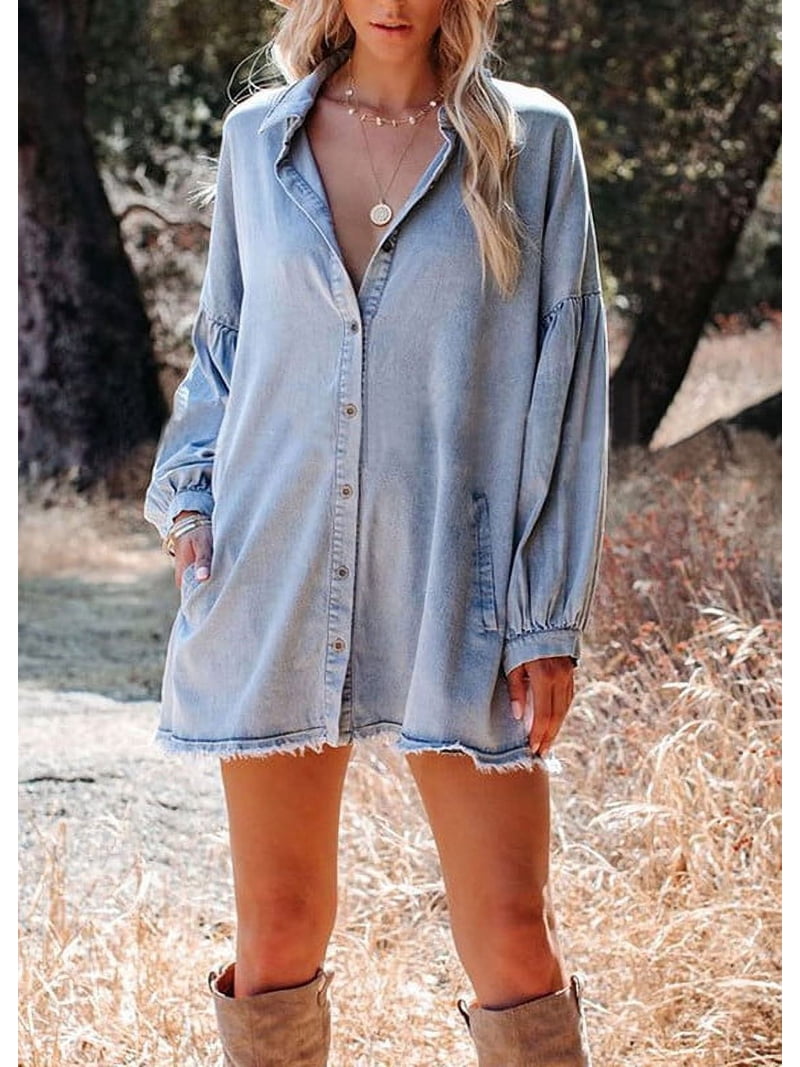Chouyatou Women's Oversized Distressed Denim Button Down Tunic Shirt Dress  with Pockets - Walmart.com