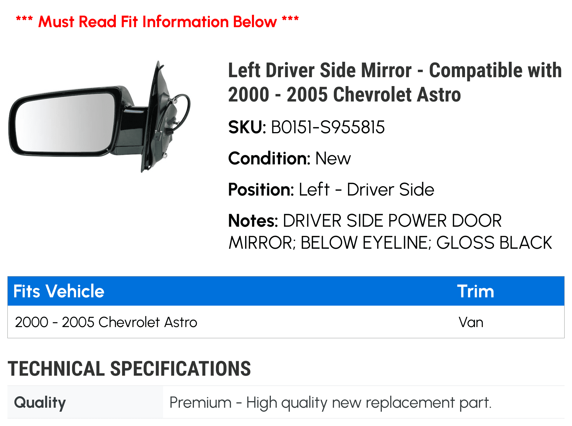 Left Driver Side Mirror - Compatible with 2000 - 2005 Chevy Astro 2001 2002 2003 2004