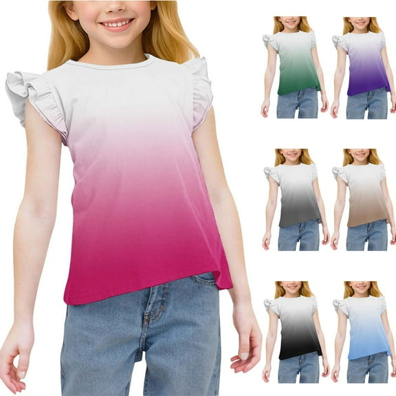GERsome Girls Summer T-Shirts Cute Ruffle Short Sleeve Crew Neck Loose Blouse Summer Gradient Casual Toddler Girls Tee Tops for 3-15 Years
